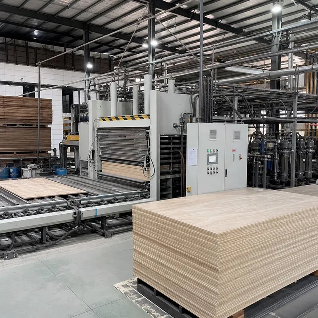 QDPlywood hot press production line engineered for CARB P2 bonding consistency