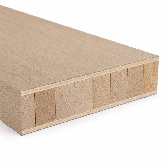 Cross-section diagram of 18mm blockboard showing solid wood strip core with alternating grain and face veneers