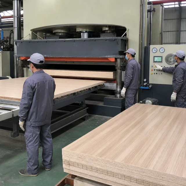 18mm blockboard hot press production line showing controlled temperature and pressure process