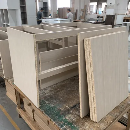 Blockboard cabinet panels used in bathroom vanity unit construction