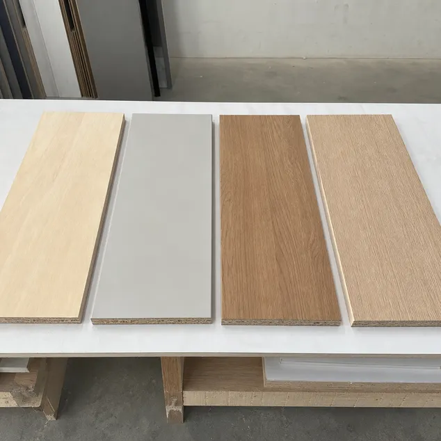 Four surface configurations for blockboard cabinet board: raw sanded, melamine-faced, natural veneer, and unfinished