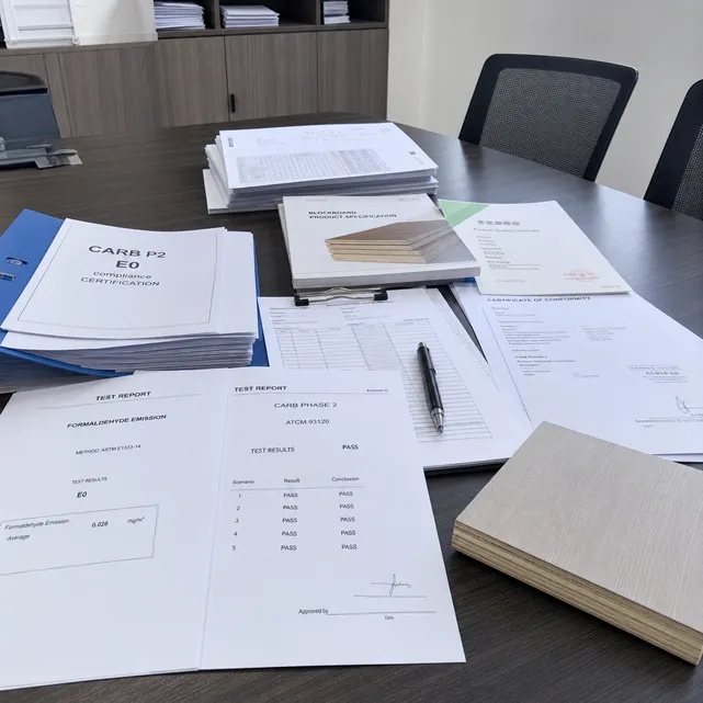 CARB P2 and E0 formaldehyde compliance certification documentation for blockboard cabinet board export
