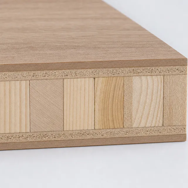 Cross-section of furniture blockboard showing solid wood core strips and cross-grain veneer layers
