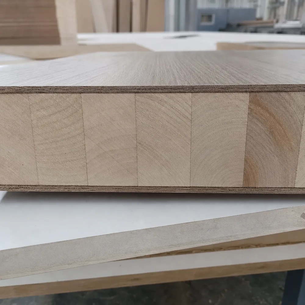 Cross-section of furniture blockboard showing solid wood core strips and veneer layers