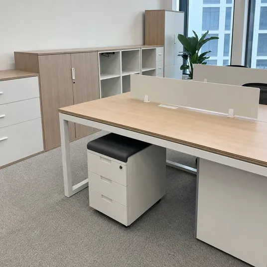 Office desk tops and storage units constructed from blockboard