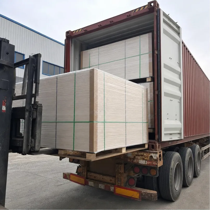 Container loading of furniture blockboard panels with corner board protection and moisture-resistant film wrap for export