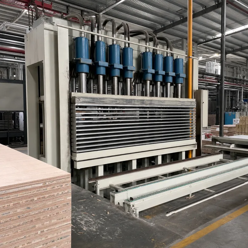 Hot press line for furniture-grade blockboard production showing calibrated hydraulic press equipment