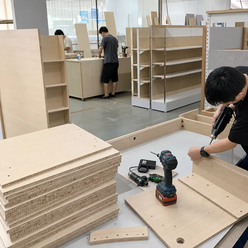 Blockboard panels used in retail display fixtures, gondola shelving, and shopfitting