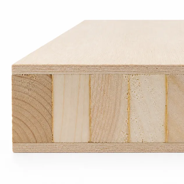 Cross-section of blockboard showing solid wood core strips and face veneer layers