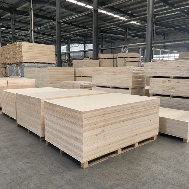 Blockboard manufacturing facility in Xuzhou — solid wood core panels stacked for export
