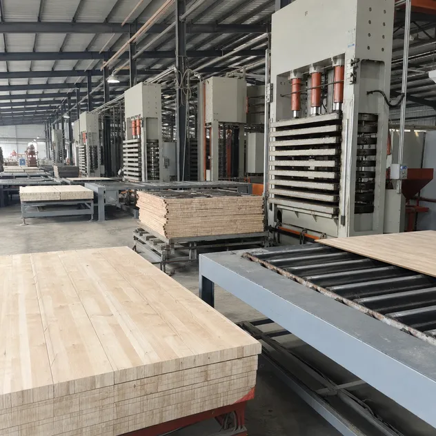 Blockboard production floor at QDPlywood Xuzhou facility showing dedicated press lines