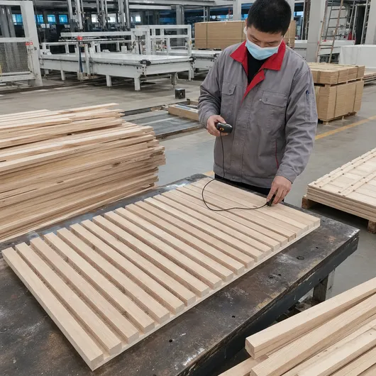 Solid wood strip core assembly for laminate blockboard — moisture-checked strips in layup