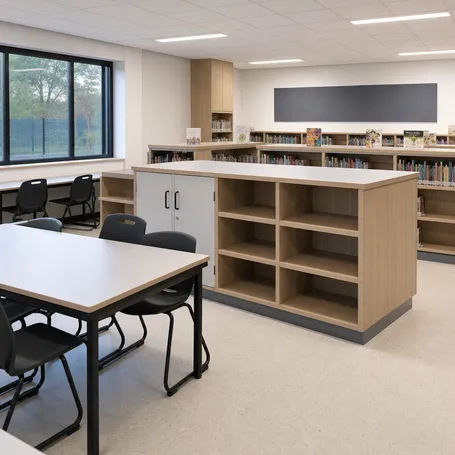 HPL-faced laminate blockboard used in school furniture, library shelving, and institutional storage systems