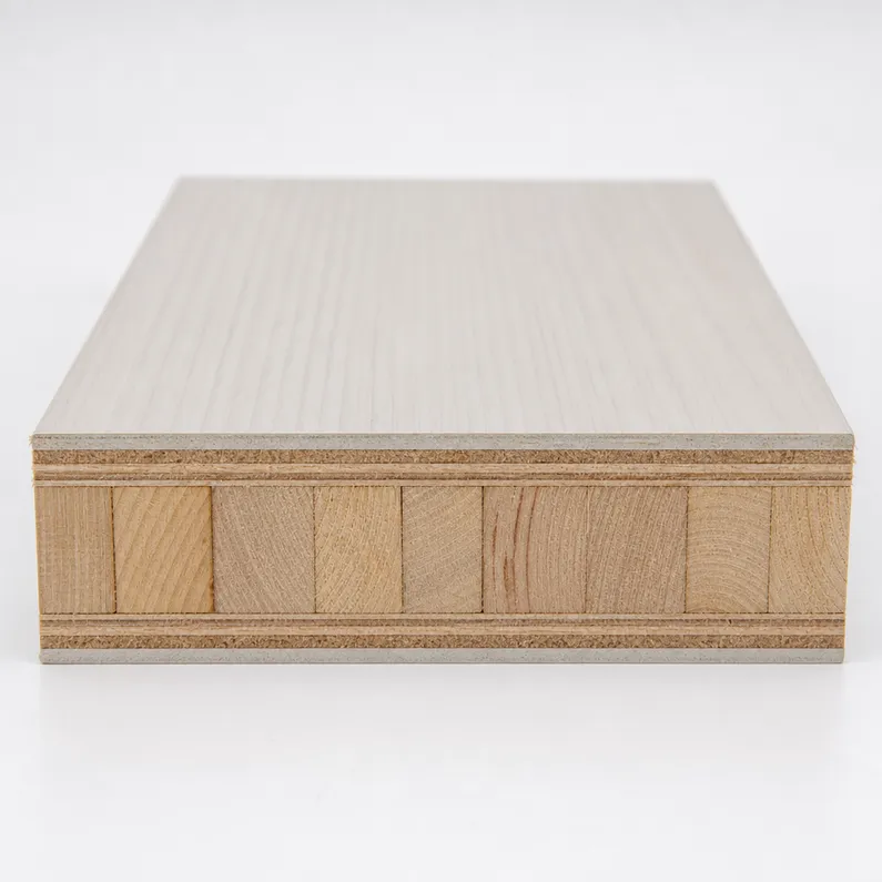 Cross-section view of laminate blockboard showing solid wood strip core, cross-band veneers, and HPL surface layers