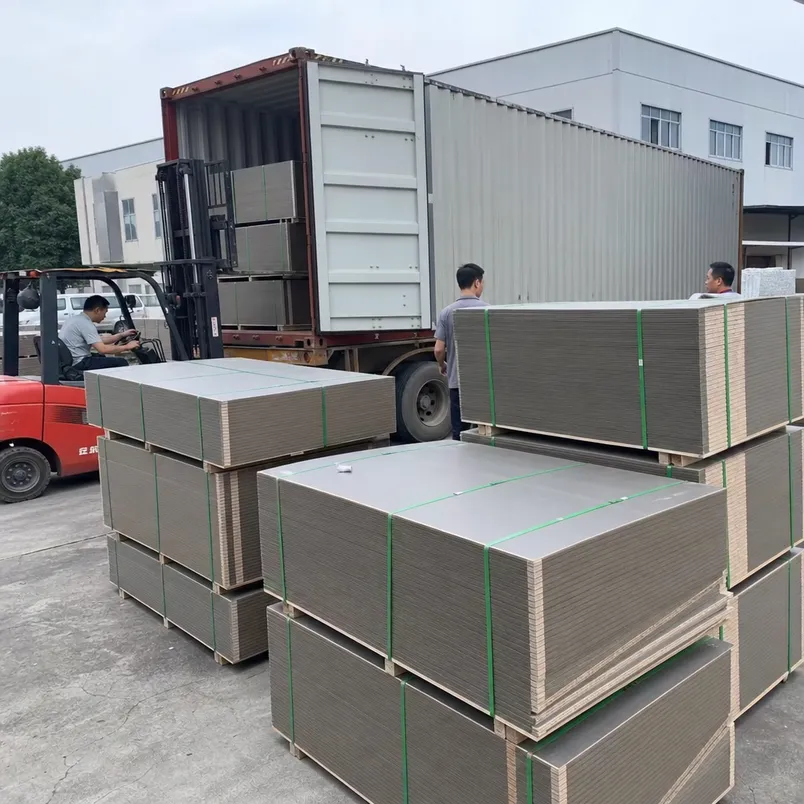 Laminate blockboard panels bundled and loaded for export container shipment