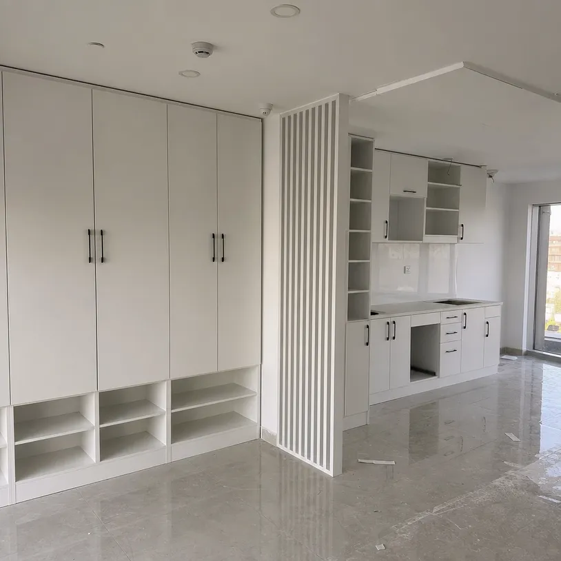 Interior joinery and built-in furniture using melamine blockboard in a commercial fit-out project
