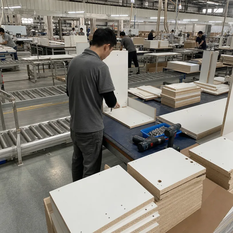 Flat-pack furniture factory production line using melamine blockboard carcass panels