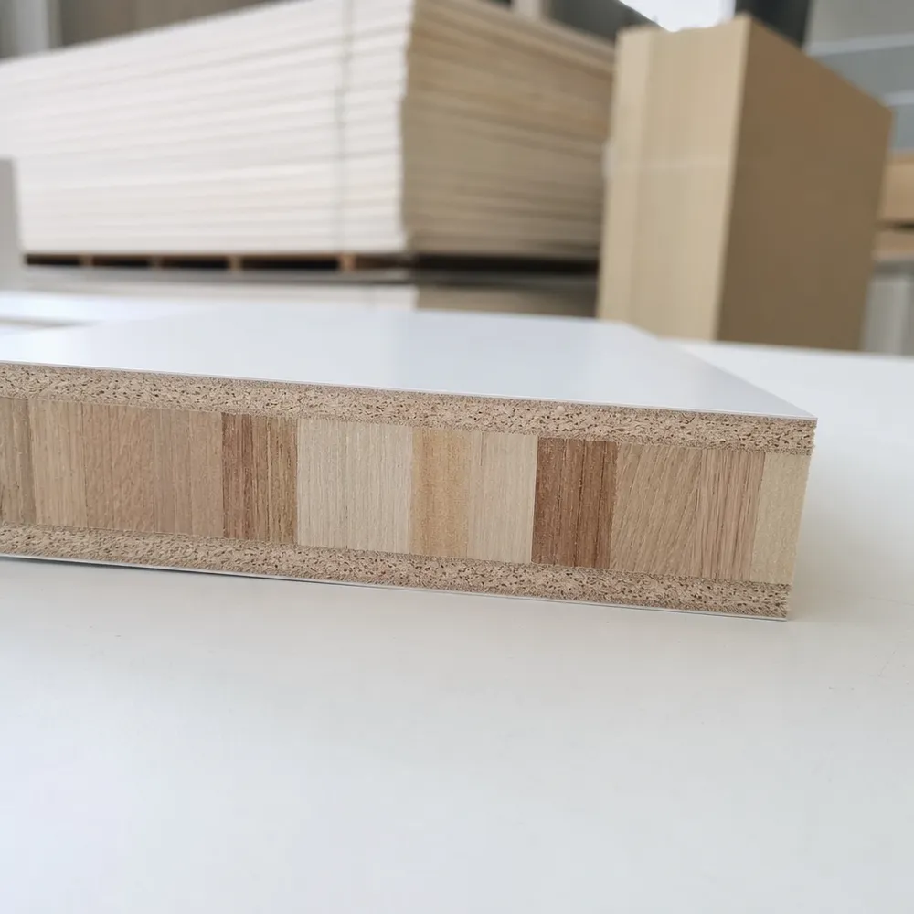 Cross-section of melamine blockboard showing solid wood strip core, face veneer, and melamine paper surface