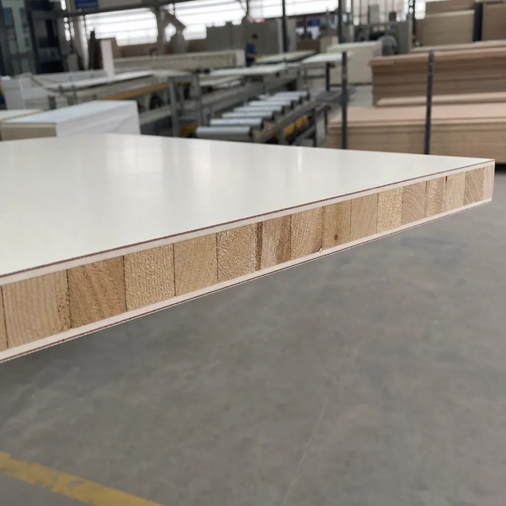 Melamine blockboard panel showing solid wood core and finished melamine surface — factory direct from QDPlywood.com