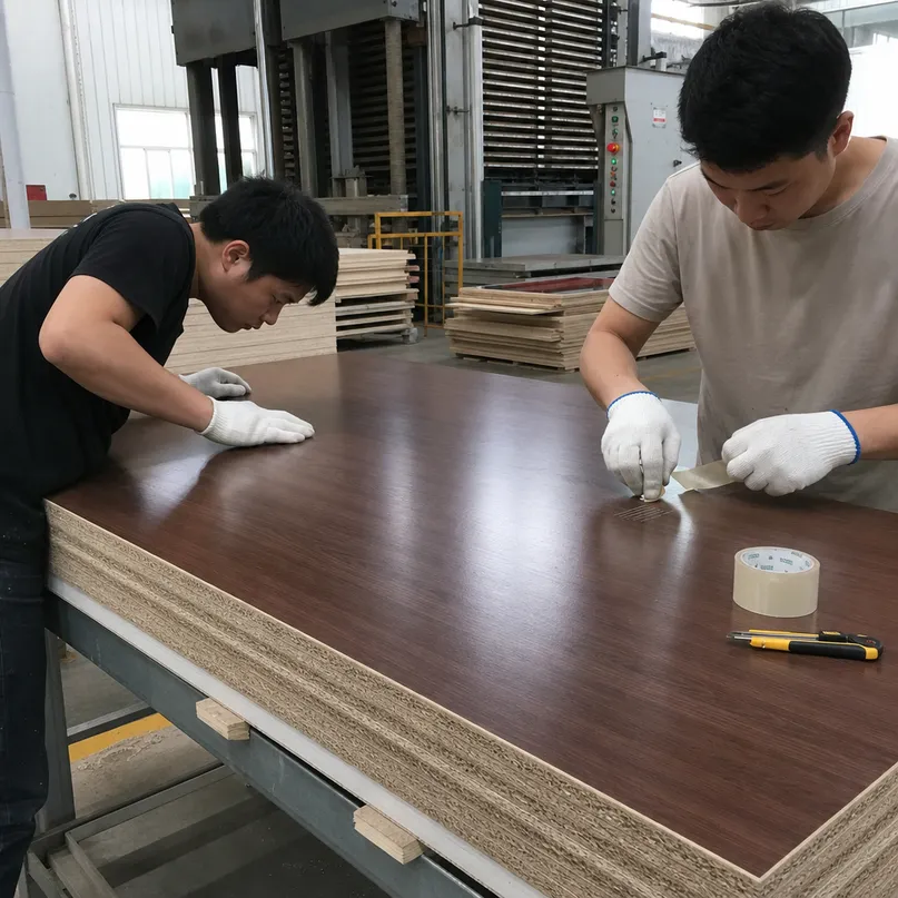 Quality control inspection of melamine blockboard panels after pressing, showing surface defect check and cross-cut adhesion test