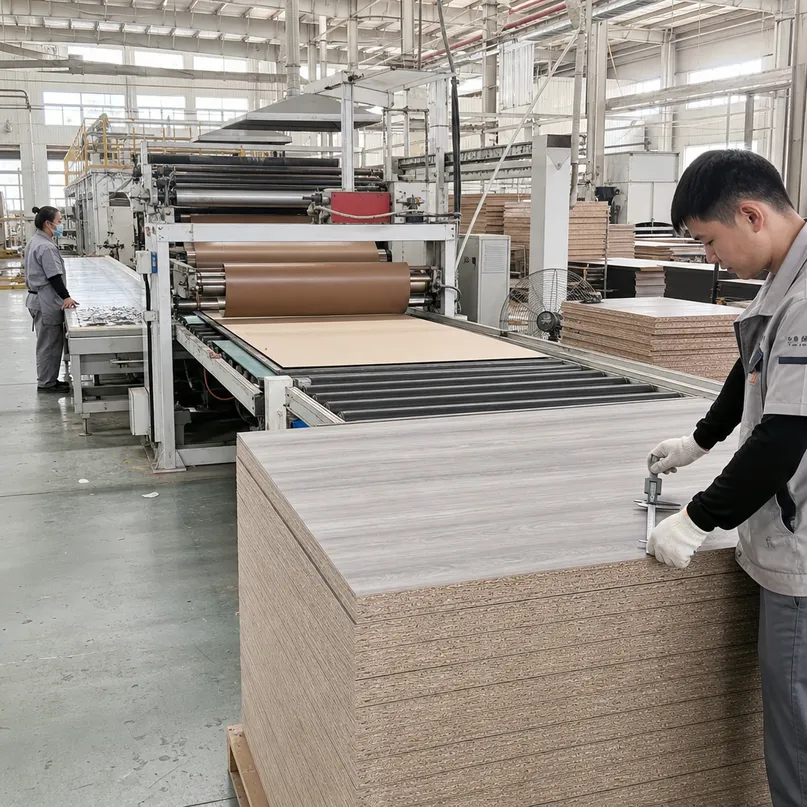 OEM melamine blockboard production line showing custom decor pressing and panel calibration