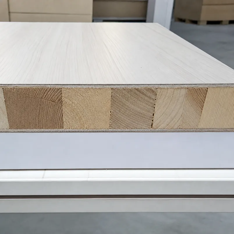Cross-section of melamine blockboard showing solid wood strip core construction