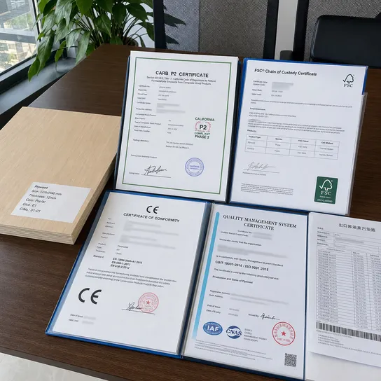 12mm plywood certification documentation including CARB P2, FSC Chain of Custody, CE marking and ISO 9001 certificates
