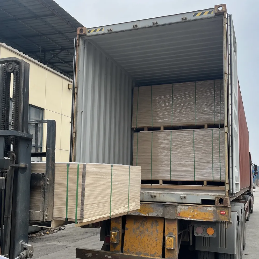 12mm plywood panels bundled and loaded into a 40HQ shipping container for export