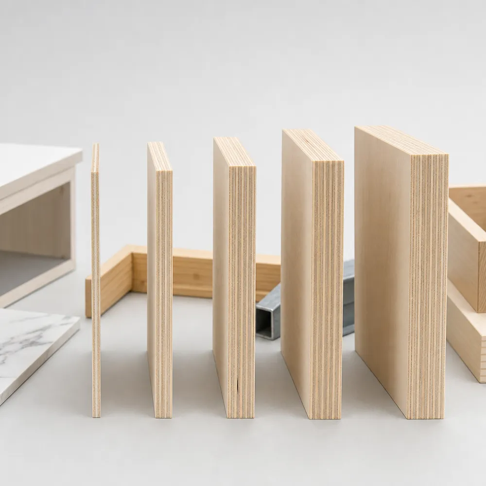 Side-by-side comparison of plywood panel thicknesses from 6mm to 18mm showing relative depth and application suitability