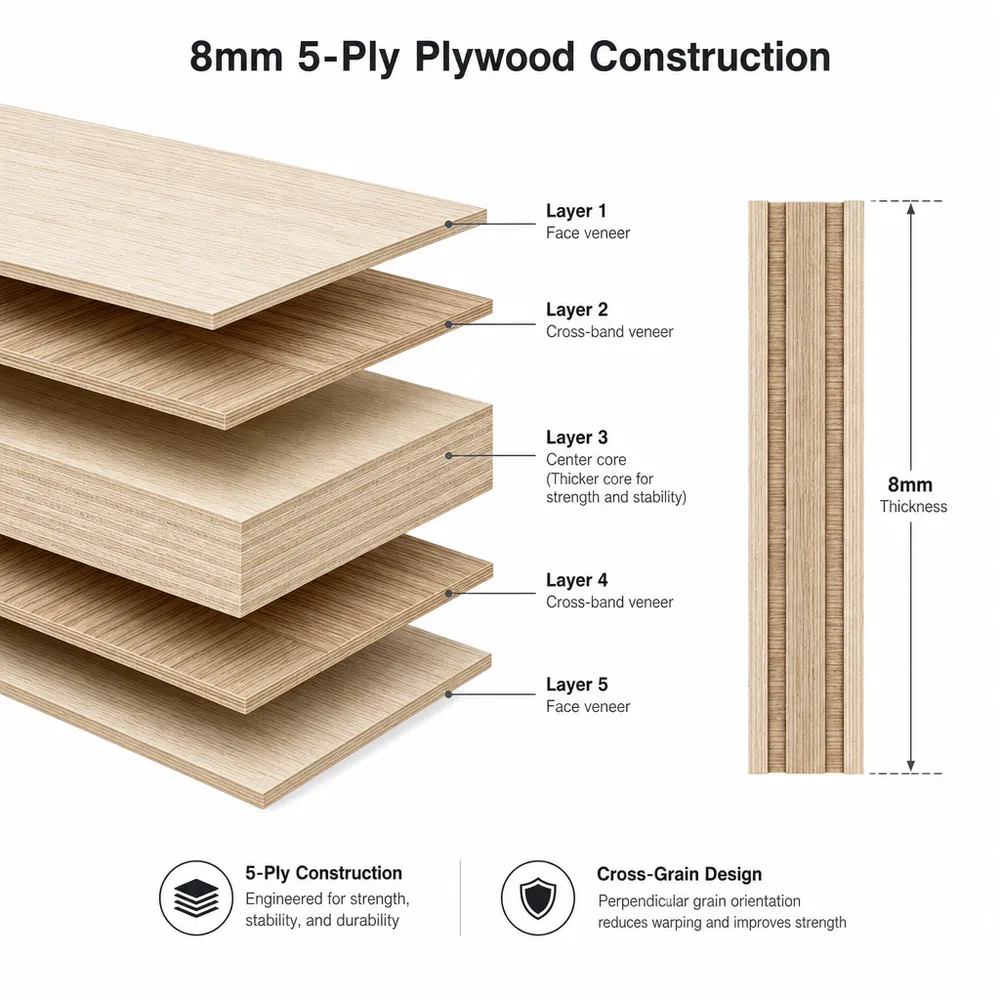 Cross-section diagram of 8mm 5-ply plywood construction showing face veneers, cross-band veneers, and center core