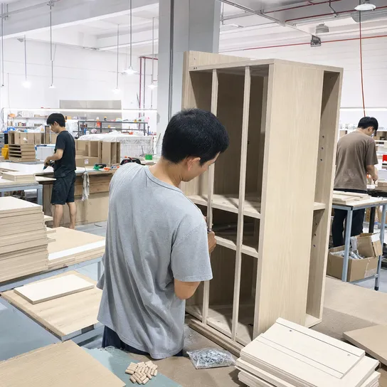 Flat-pack RTA furniture cabinet assembly using 8mm plywood side panels and shelving