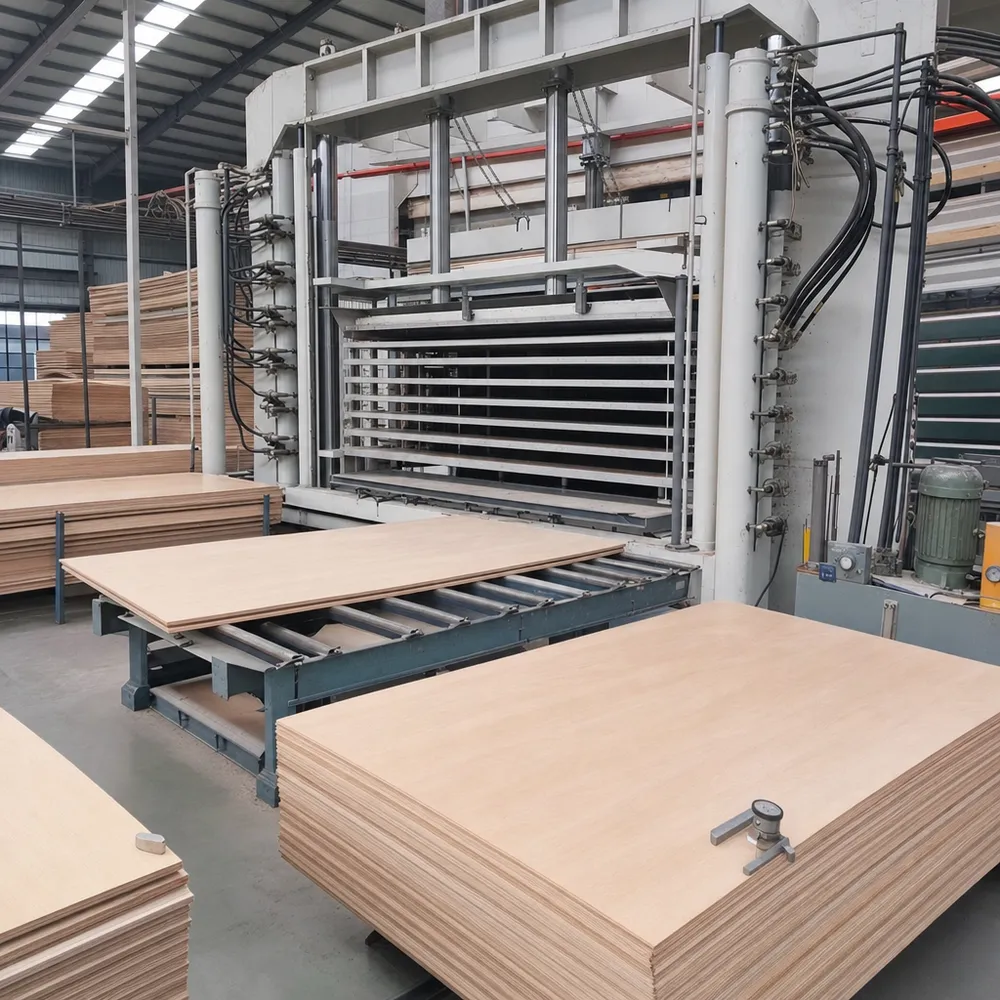 Multi-daylight hydraulic hot press used for 8mm plywood panel production at QDPlywood factory