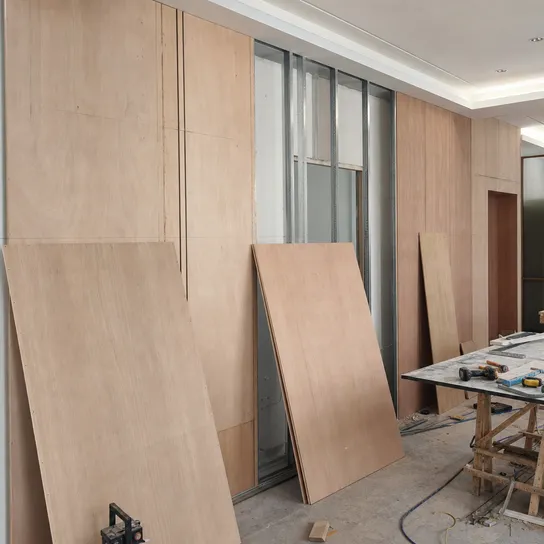 Interior fit-out wall paneling substrate using 8mm plywood for decorative veneer backing
