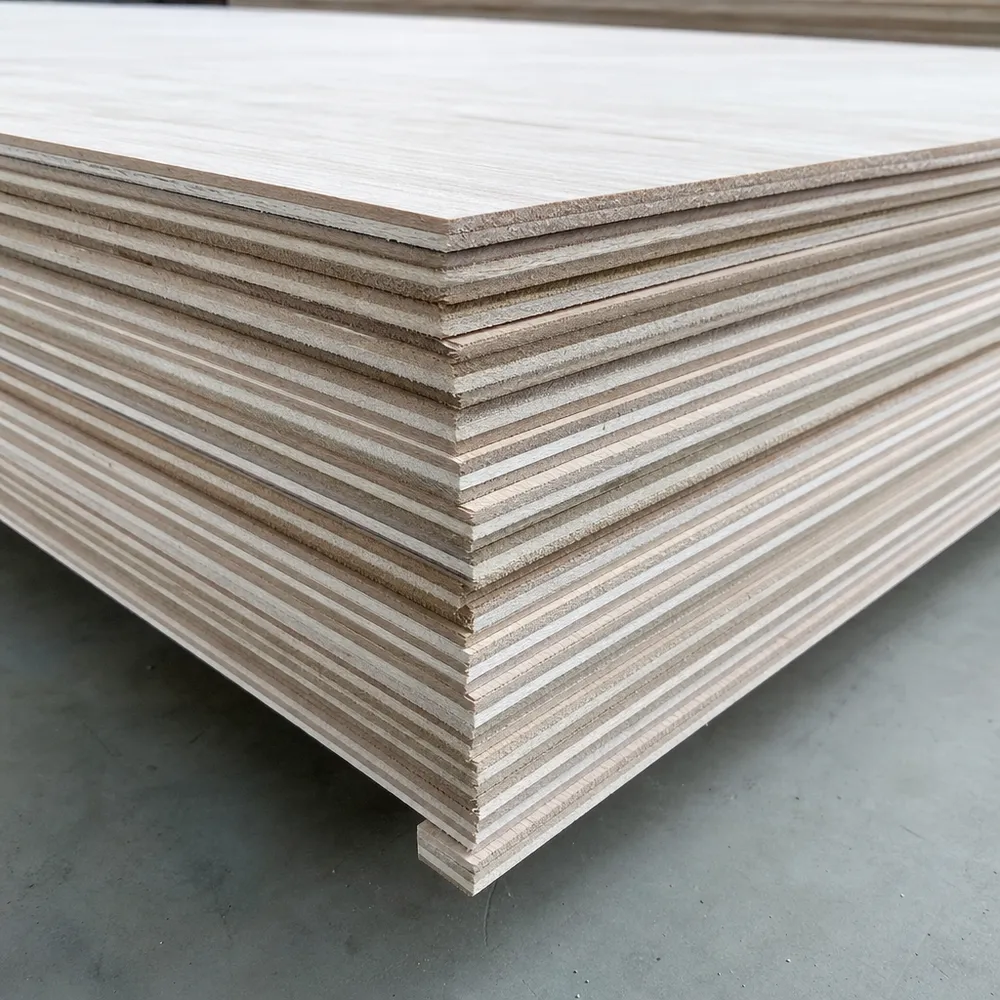 Cross-section of commercial plywood showing cross-laminated veneer construction and balanced layer count