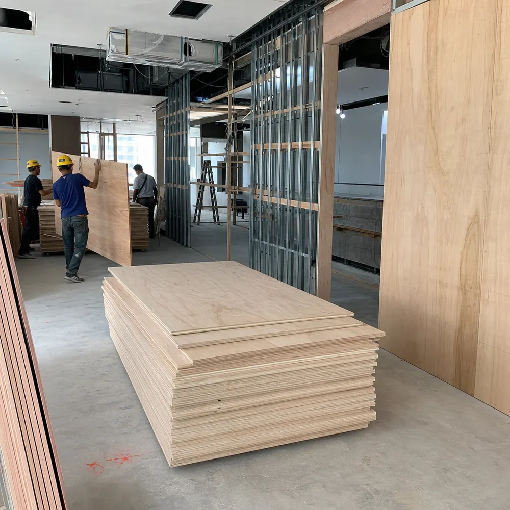 Commercial plywood sheets used for wall sheathing and interior fit-out in a commercial construction project