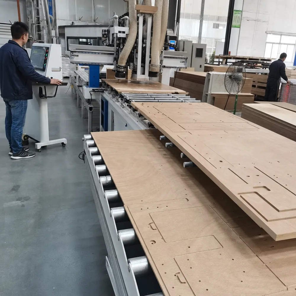 CNC routing line processing commercial plywood panels for furniture manufacturing