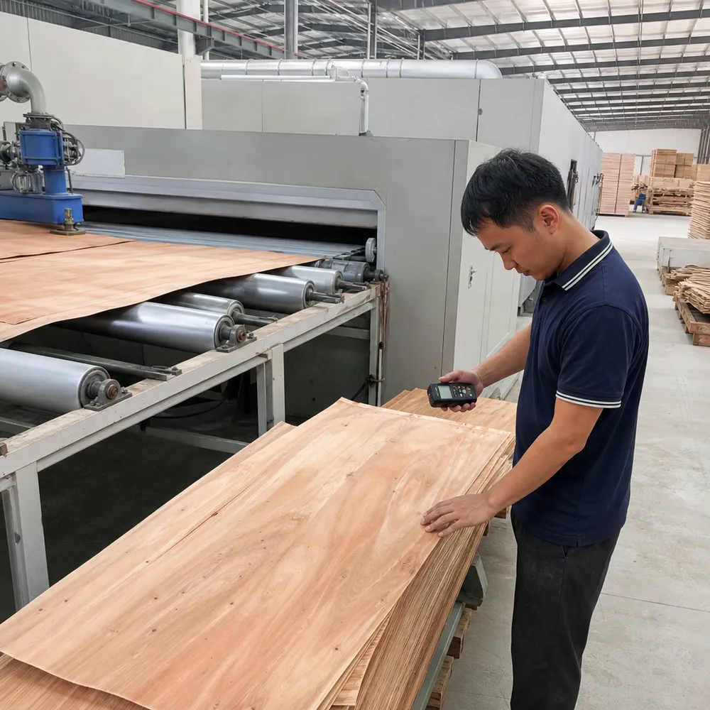 Veneer drying line at QDPlywood factory — moisture verification before layup