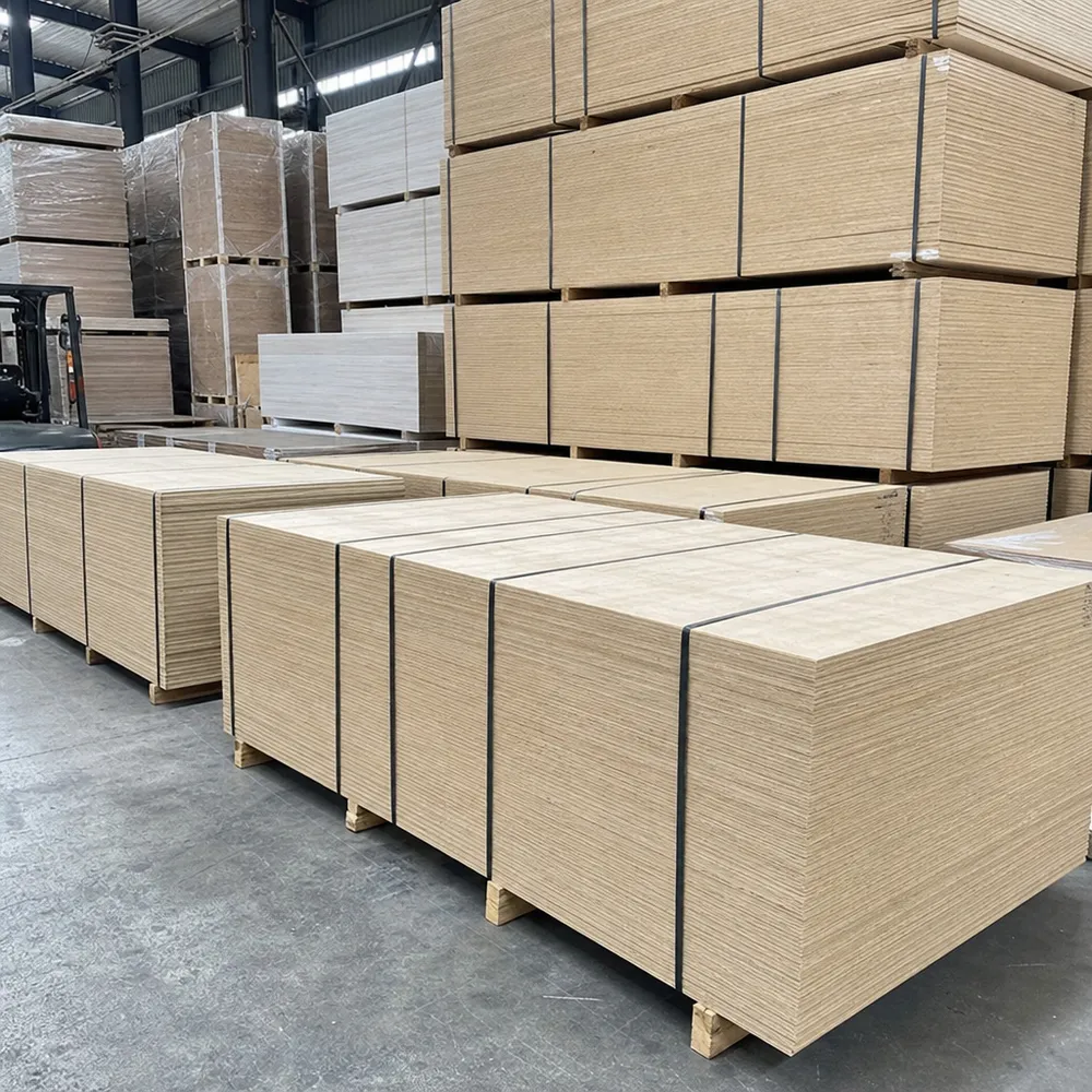 Stacked commercial plywood panels in a wholesale distribution warehouse ready for export