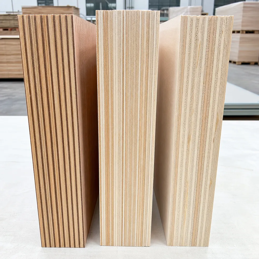 Side-by-side comparison of exterior, marine, and moisture-resistant plywood panels showing veneer quality and glue line differences