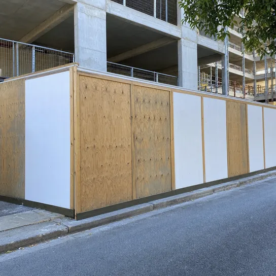 Exterior plywood used as site hoarding panels on a construction project