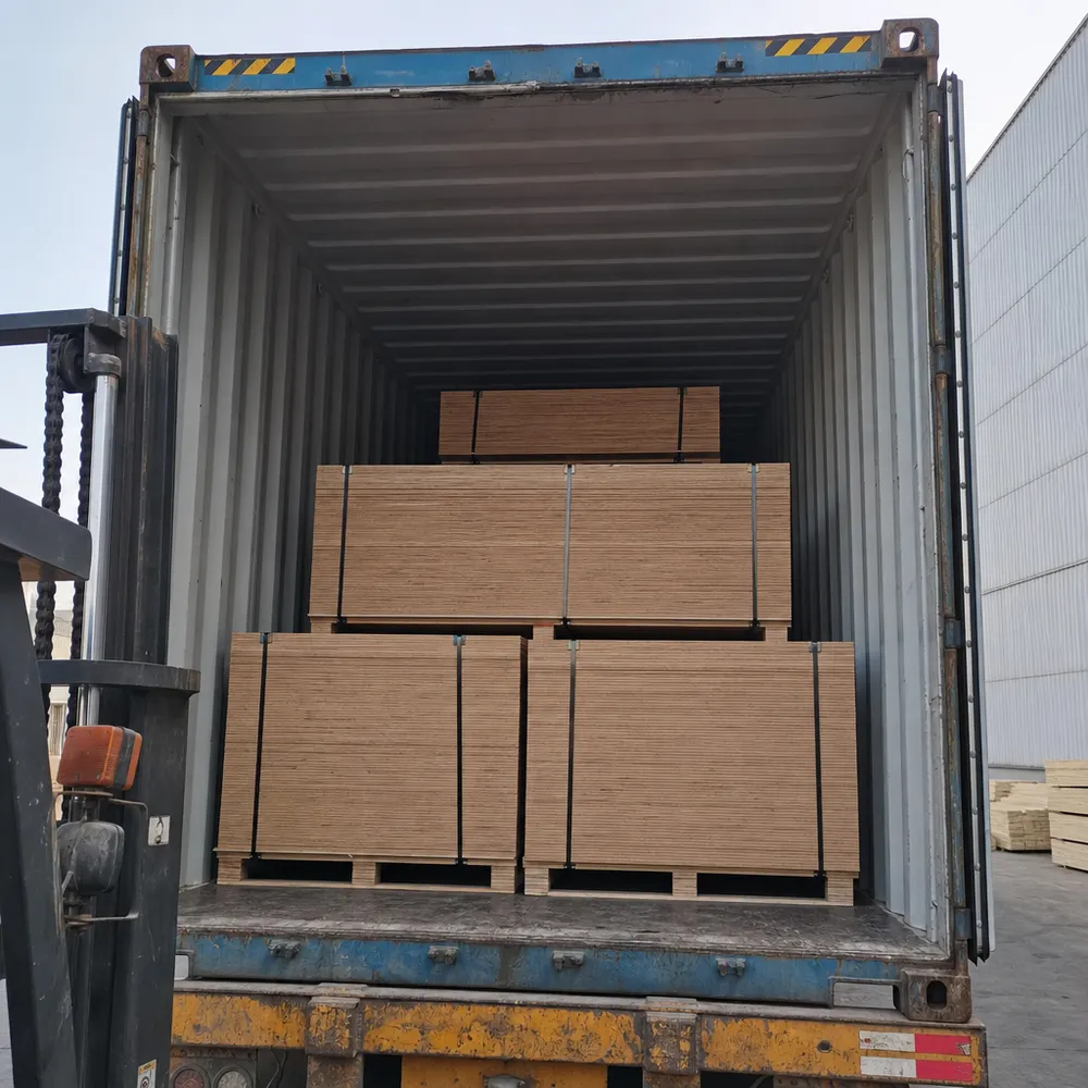 Container loading plan for furniture plywood export — stacked panel bundles in 40HQ container