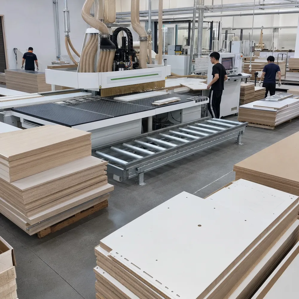 CNC cabinet manufacturing line using furniture-grade plywood panels