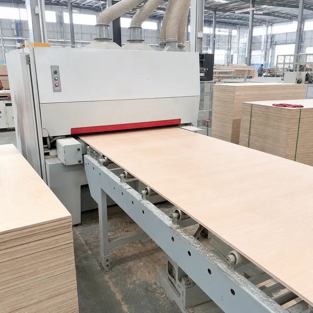 Calibrated wide-belt sander producing consistent S2S finish on furniture plywood panels