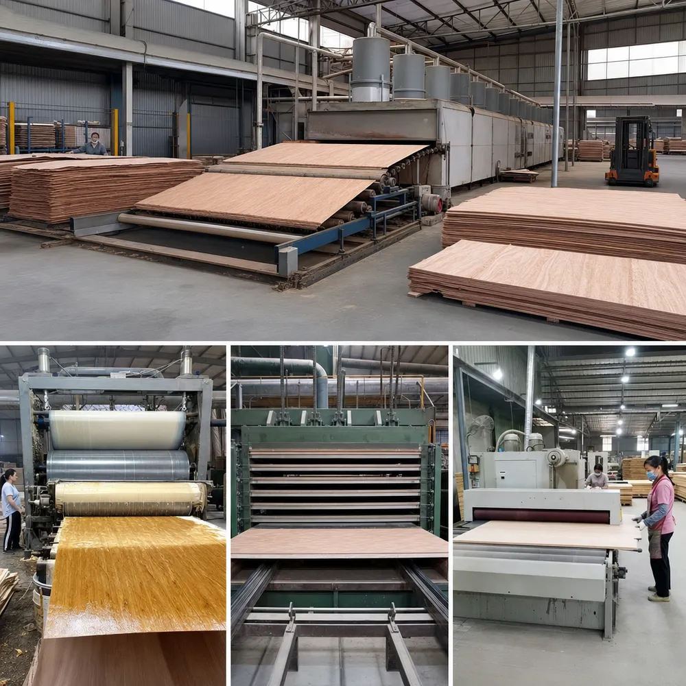 Hardwood plywood manufacturing process — veneer drying, glue application, hot pressing, and sanding line at QDPlywood factory