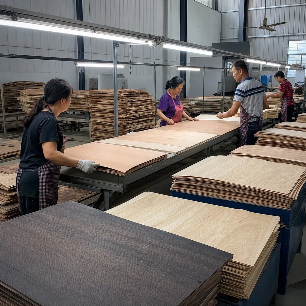Dedicated veneer grading line sorting face veneers by species, moisture content, and surface grade