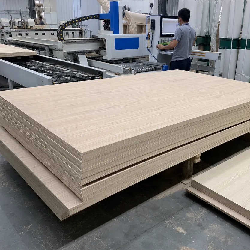 Calibrated furniture plywood panels ready for CNC cutting in furniture manufacturing