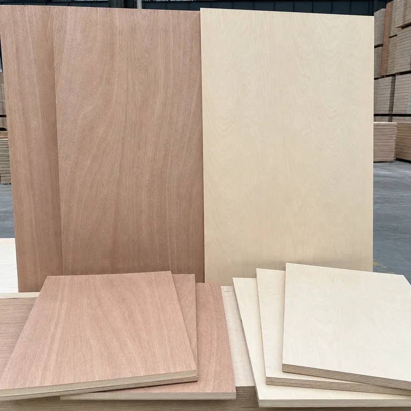 Hardwood plywood panels showing okoume and birch face veneer grain character for premium furniture and millwork