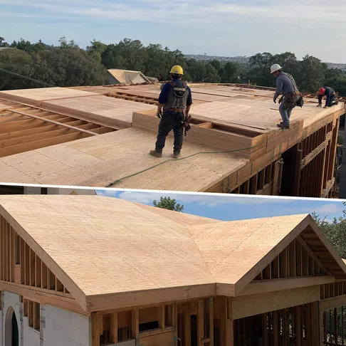 Structural plywood panels used for floor decking and roof sheathing in construction
