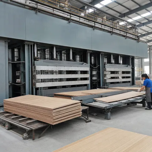 Multi-daylight hydraulic hot press for marine plywood manufacturing at QDPlywood factory