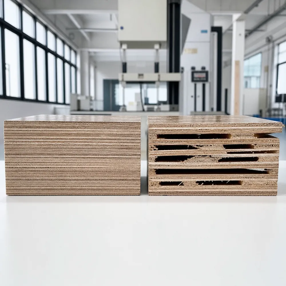 Cross-section comparison of marine plywood void-free core versus standard waterproof plywood with core voids